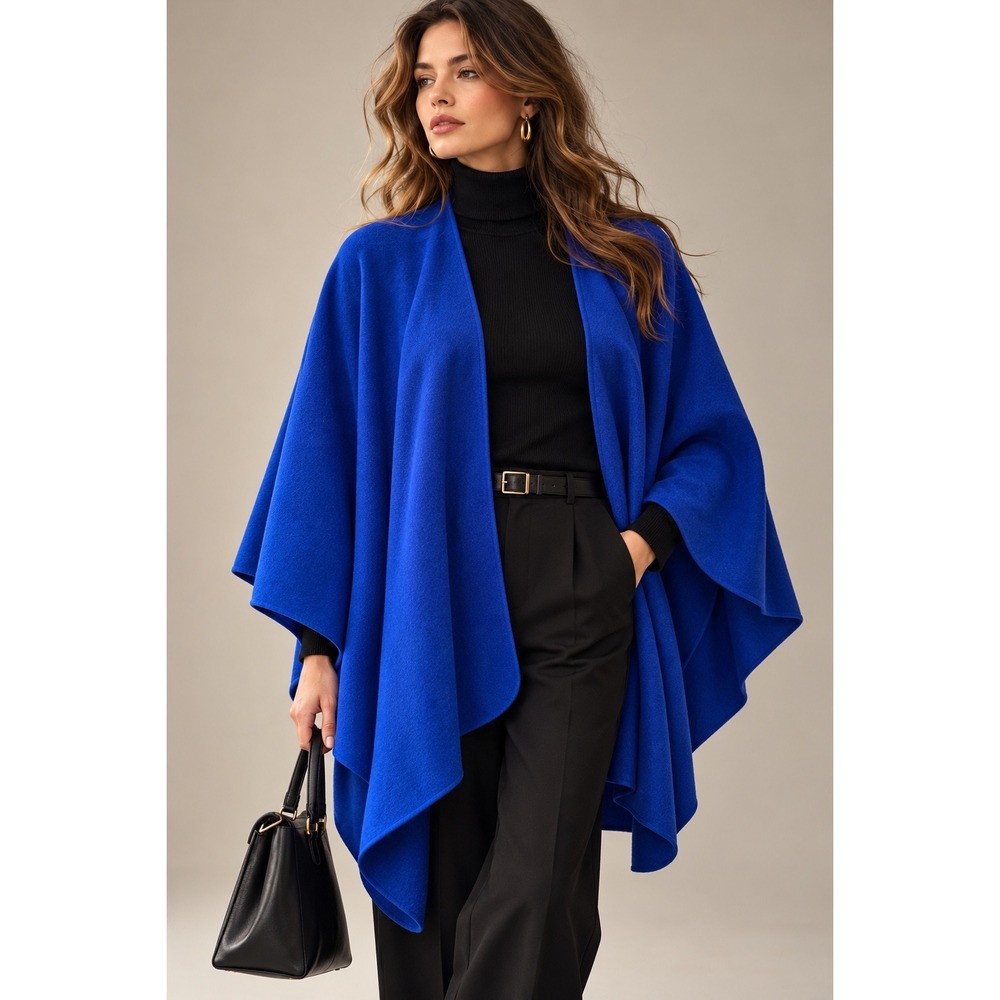 Vintage Harvey Benard Royal Blue Wool Open Front Draped Wrap Cape One Size